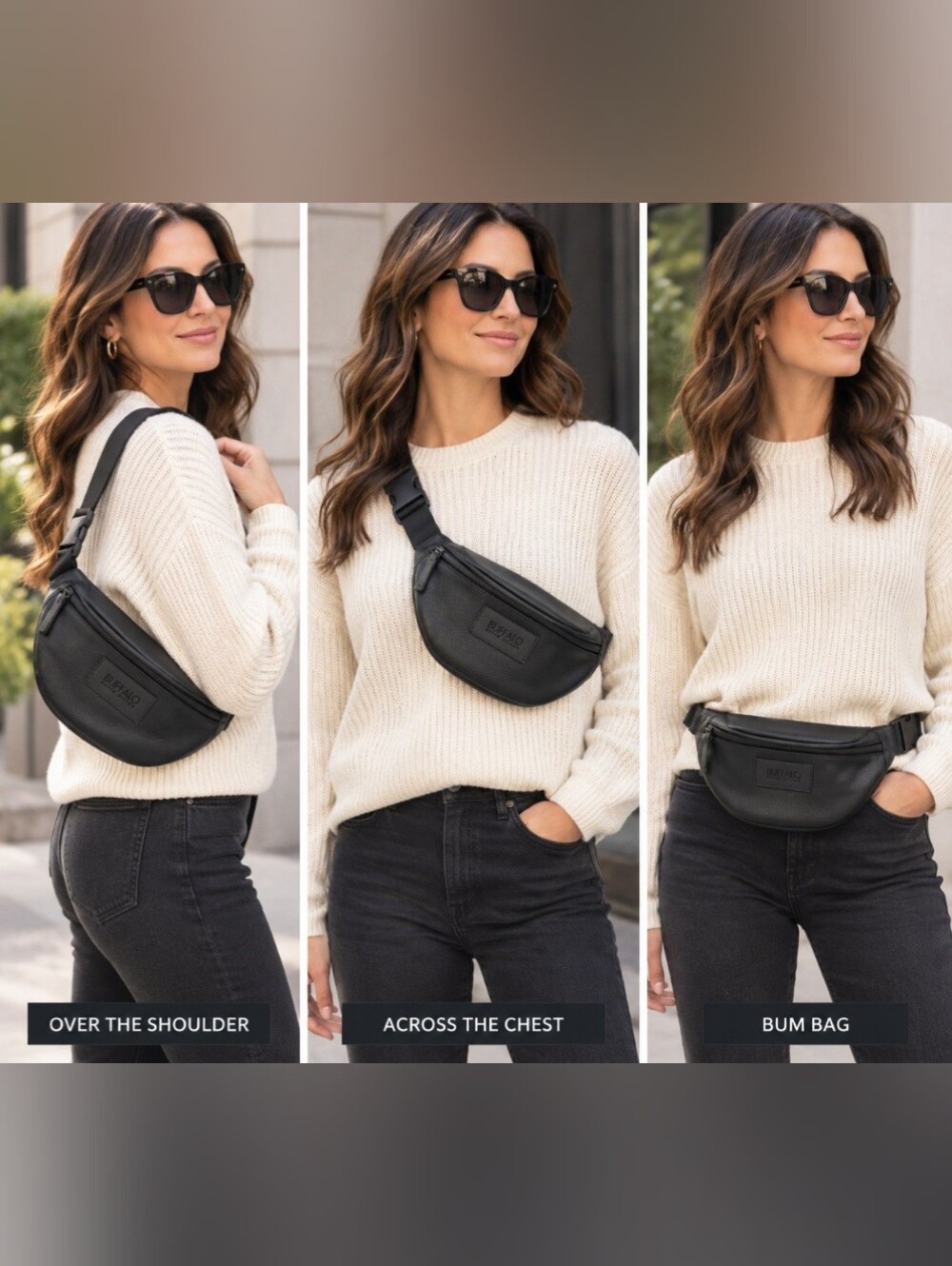 Buffalo David Bitton everyday Black Leather Crossbody & Bum Bag - Versatile Wear